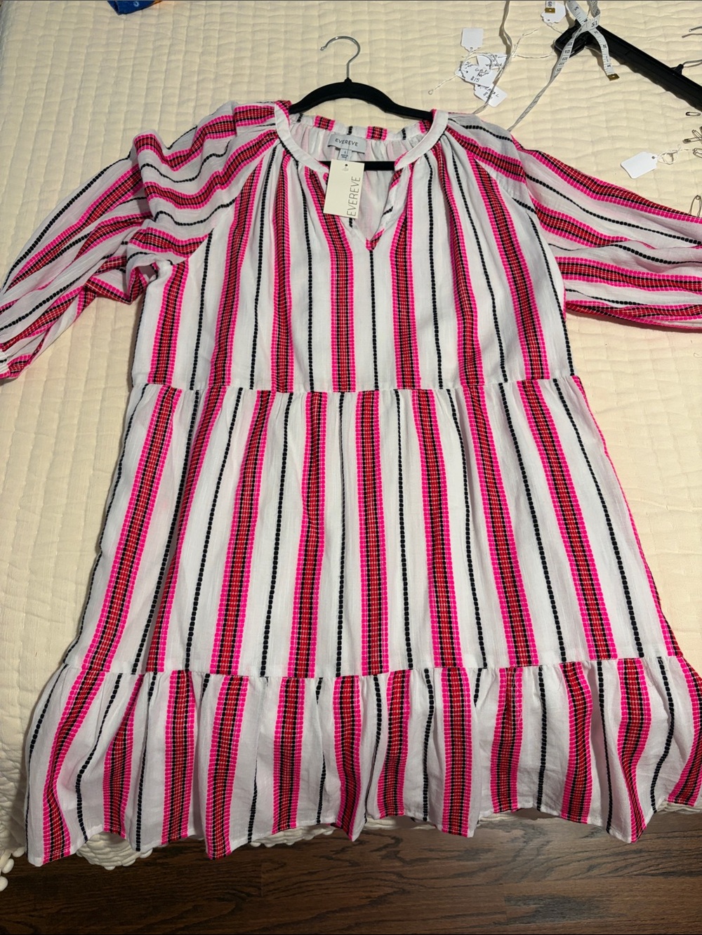 Evereve Pink, White & Black Striped Tiered 3/4 Sleeve Dress